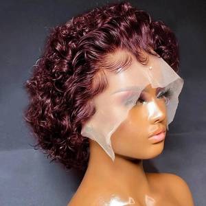 lot 18198 image: Bestvivid Burgundy Pixie Cut Lace Frontal Bob Wigs 13X1 HD Transparent Lace Wigs #99J Short Curly Wigs Human Hair Pre-Plucked Red Curly Hair Wig 150% Density for Black Women