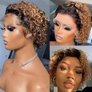 lot 18208 image: Czrleaty Ombre Ginger Pixie Cut Wigs Human Hair Short Curly Lace Front Wig Ombre Ginger 13X1 Pixie Wig For Black Women 150% Density