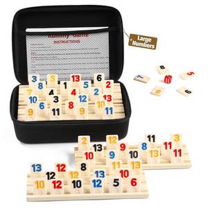 lot 19386 image: uvcany Rummy Cube Game with Case and 4 Wooden RacksTrays, 106 Rummy Tiles Game Sets Classic Travel Board Game Sets with 4 Tiles Holders for Family