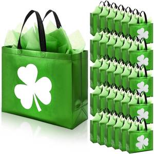 lot 19418 image: HunnmingRe 49 Pcs St Patricks Day Gift Bags Bulk Set 24 Clover Treat Tote Bag Irish Shamrock Non Woven Bags 25 Tissue Paper for St Patricks Party Favors(12.99 x 10.63 x 5.12 Inches,Forest Green)