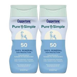 lot 20434 image: Coppertone Pure and Simple Zinc Oxide Mineral Sunscreen Lotion SPF 50, Water Resistant Sunscreen for Sensitive Skin, Hypoallergenic and Fragrance Free, 6 Fl Oz Bottle, Pack of 2