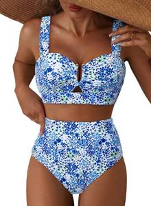 lot 20461 image: Herseas Womens Bikini Sets U Wire Linked Cutout Floral Print V Neck Swim Suits High Waisted Flattering Removable Padded Lightweight Bathing Suit Romantic Beach Vacation Essentials Blue Floral Small (BOTTOMS ONLY)