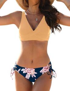 lot 20484 image: BUAUTY Bikini Sets for Women Cross V Neck Two Piece Swimsuit Tie Side Floral Bottom Low Rise Beach Vacation Swimwear Yellow Medium