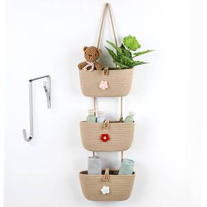 lot 20493 image: Oqqlin Over The Door Hanging Baskets 3 Tier Woven Wall Mounted, Cotton 3 Tier Woven Wall Mounted for Organizing Detachable Boho Organize for Kitchen, Bedroom, Living Room, Bathroom (Khaki)