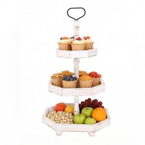 lot 3476 image: 3-Tier Distressed White Wooden Serving Tray - Rustic Tiered Serving Stand for Fruit, Cupcakes, Snacks - Decorative Farmhouse Serving Platter for Party, Wedding, Kitchen Countertop