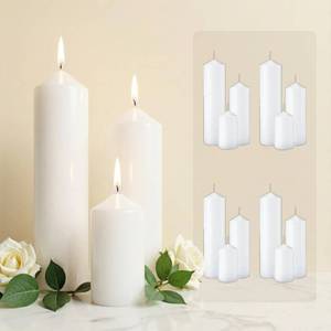 lot 3481 image: Mavelune Set of 12 White Pillar Candles - 2x3, 6, 8 Inch Unscented Dripless Smokeless Candles, Long Lasting Bulk Candles for Wedding, Party Centerpiece Decor