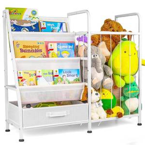 lot 3491 image: Kids� Bookshelf and Stuffed Animal Storage � Large White 3-Tier Book Display Rack with Sling Shelves and Fabric Toy Chest  Toy Organizer for Playrooms, Bedrooms, Nurseries