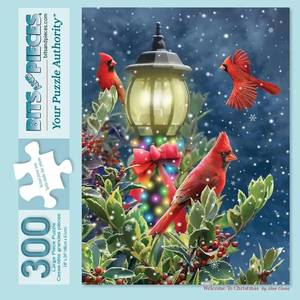 lot 4009 image: Bits and Pieces 300 Piece Puzzles for Adults 300 Large Pieces 18 x 24in Jigsaw Puzzles, Cardinals Snow Lamp Post, Random Die Cut, No 2 Pieces Alike, Welcome to Christmasin