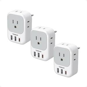 lot 4017 image: TESSAN European Travel Plug Adapter USB C 3 Pack, PD 20W US to Europe Plug Adapter with 4 AC Outlets 3 USB Ports, Type C Power Adaptor for USA to EU Euro Spain France Iceland Italy Germany Greece