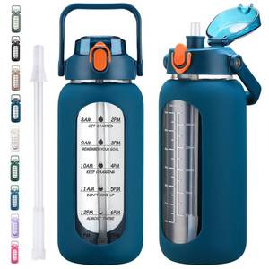 lot 4029 image: kytffu 64oz Glass Water Bottles with Straw, Half Gallon Motivational Glass Bottle with Silicone Sleeve and Time Marker, 2L Leakproof Large Glass Water Jug for Gym Home Office,Blue