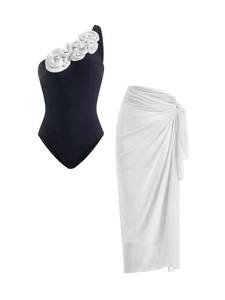 lot 4387 image: winkbay Womenfts 2 Piece Bathing Suit 3D Floral One Shoulder Swimsuit with Cover Up Skirt Black and White X-Large