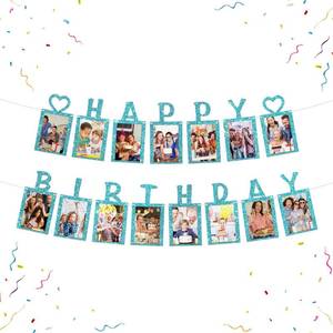 lot 4398 image: WeBenison Happy Birthday Photo Banner - Kids Boys Adults Paper Frame Cheers to Bunting Decorations Picture Banner - Sky Blue Glitter