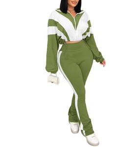 lot 4449 image: Vssjavun Women 2 Piece Outfits Sweatsuit Sets Color Block Long Sleeve Full Zip Cropped Jacket Bodycon Long Pants Jogger Set Tracksuit Lounge Outfit Army Green S