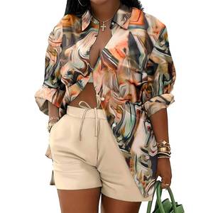 lot 4451 image: Mandonce 2 Piece Outfits for Women Long Sleeve Printed Shirt and Elastic Lace-Up Shorts with Pockets Beach Vacation Clothes (Shorts Only)