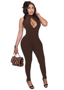 lot 4452 image: Womens Sleeveless One Piece Jumpsuits Sexy Cutout Bodycon High Waisted Club Outfits Catsuits Dark Brown M