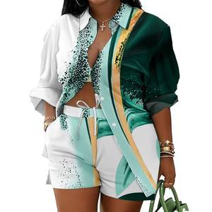 lot 4453 image: Mandonce 2 Piece Outfits for Women Long Sleeve Printed Shirt and Elastic Lace-Up Shorts with Pockets Beach Vacation Clothes