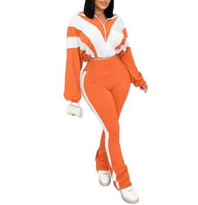 lot 4455 image: Vssjavun Women 2 Piece Outfits Sweatsuit Sets Color Block Long Sleeve Full Zip Cropped Jacket Bodycon Long Pants Jogger Set Tracksuit Lounge Outfit Orange S