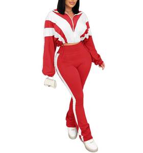 lot 4460 image: Vssjavun Women 2 Piece Outfits Sweatsuit Sets Color Block Long Sleeve Full Zip Cropped Jacket Bodycon Long Pants Jogger Set Tracksuit Lounge Outfit Red XL