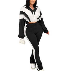 lot 4461 image: Vssjavun Women 2 Piece Outfits Sweatsuit Sets Color Block Long Sleeve Full Zip Cropped Jacket Bodycon Long Pants Jogger Set Tracksuit Lounge Outfit Black S
