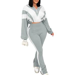 lot 4462 image: Vssjavun Women 2 Piece Outfits Sweatsuit Sets Color Block Long Sleeve Full Zip Cropped Jacket Bodycon Long Pants Jogger Set Tracksuit Lounge Outfit Grey XL
