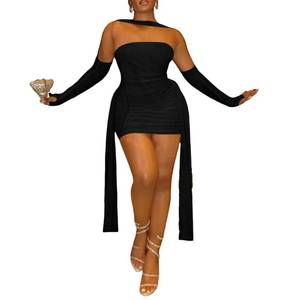 lot 4493 image: Sexy Strapless Tube Top Mesh Mini Dress for Women Bodycon Ruched Ribbons Birthday Date Night Dresses Black