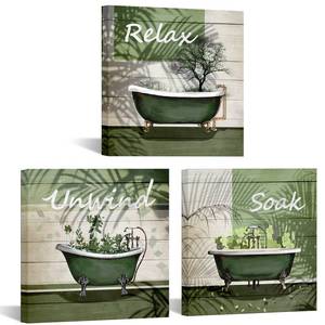 lot 4499 image: Nachic Wall Green Bathroom Picture Wall Decor Relax Soak Unwind Signs Poster Canvas Print Art Botanical Leaf Artwok Framed Washroom Toilet Decoration Ready to Hang 12X12inchx3pcs