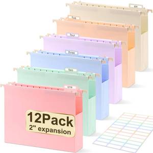 lot 5538 image: Extra Capacity Plastic Hanging File Folders Letter Size,12 Pack 2 Inch Capacity Hanging File folders with Tabs,Heavy Duty for Filing Cabinet,Home and Office File,Pastel Colors