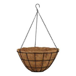 lot 5552 image: Large Black Metal Hanging Round Planter with Coco Liner (20 in. L x 20 in. W x 10.5 in. H) set of four
