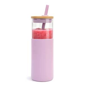 lot 6080 image: Tronco 24 oz Glass Tumbler with Lids and Straw, Reusable Iced Coffee Cup and Smoothie Cup with Bamboo Lid, Silicone Sleeve, Dishwasher Safe, BPA-Free Borosilicate Glass, 1 Pack