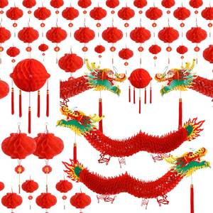 lot 6086 image: 33 Pcs The Spring Festival Decor Includes 2 Pieces Chinese New Year 3D Paper Lantern and 30 Pieces Red Hanging Lanterns with Dragon Decorative for Chinese Spring Festival Home Decorations