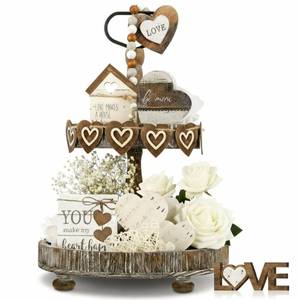 lot 6093 image: Marsui 19 Pcs Neutral Farmhouse Valentinefts Day Tiered Tray Decor Set, Rustic White Wood Signs with Heart Be Mine, Minimalist Valentines Table Decor for Home Kitchen Living Room