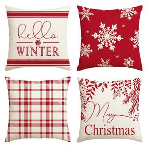 lot 6099 image: AVOIN colorlife Merry Christmas Hello Winter Buffalo Plaid Snowflake Red Throw Pillow Cover, 18 x 18 Inch Winter Holiday Cushion Case Decoration for Sofa Couch Set of 4