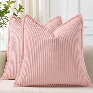 lot 6106 image: decorUhome Spring Corduroy Pink Euro Sham Throw Pillow Covers 24x24 Set of 2 Decorative Soft Boho Farmhouse Couch Pillow Covers for Living Room Bed Sofa Broadside Striped Pillow Cases