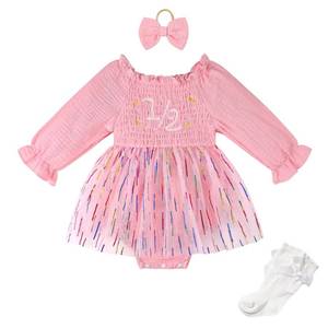 lot 6124 image: Miipat Baby Girl Half Birthday Outfit Long Sleeve Tulle Romper 12 Birthday Cake Smash Clothes with Headband Socks(PinkColorfulStripes 12,3-6M)