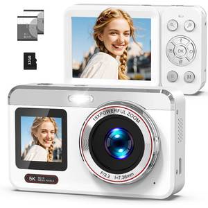 lot 6129 image: Hoorola 5K Digital Camera, 80MP Dual Screen Autofocus Vlogging Camera, 18X Zoom Point and Shoot Camera for Photography, Flash, 32GB Card, 2 Batteries, Compact Camera for Teens Adults (White)