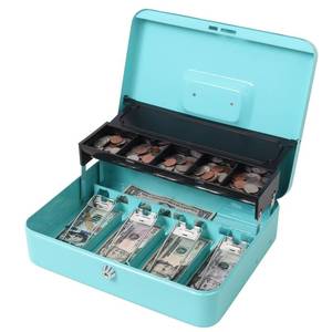 lot 6141 image: Jssmst Locking Metal Cash Box with Coin Lid, 11.8L x 9.5W x 3.5H Inches, Safe Money Box with Key Lock, Light Blue, SM-CB0519LB