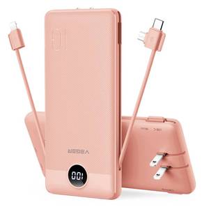 lot 6151 image: VEGER Portable Charger with Built-in AC Plug and Cables, All in One 10000mAh Ultra Slim Power Bank Travel Essentials, Fast Charging Battery Pack Compatible with iPhone, Samsung, More(Dark Pink)