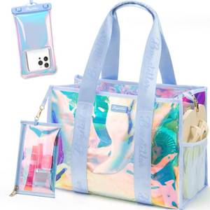 lot 6161 image: Bagstellar Beach Bags for Women, 3 PCS Large Iridescent Clear Beach Tote Bag with Zipper, Makeup Bag and Waterproof Phone Pouch Case, Sandproof Crossbody Swim Pool Bag Summer Vacation Travel Essentials