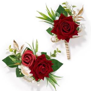 lot 6166 image: Serwalin Red Rose Corsage and Boutonniere Set, Boutonniere for Men and Wrist Corsage Wristlet Prom Homecoming Wedding Flowers Accessories Party Suit Decorations (red)