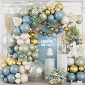 lot 6185 image: Dusty Blue Green Balloons Garland Arch Kit,120Pcs Pastel Green Blue Beige Gold Balloon with 18125 Inch Different Sizes for Boho Birthday Wedding Bridal Baby Shower