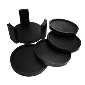 lot 6193 image: Coaster Set with Holder  Bamboo Wood  Includes 4 Round Coasters and one Holder  Use for Drinks, Beverages, Beer, Coffee  Barware Kitchen  Housewarming (Black)