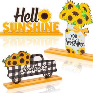 lot 6195 image: WATINC 3pcs Sunflower Wooden Table Centerpiece Sign Decoration, Hello Sunshine Wood Tabletop Signs, Summer Farmhouse Tiered Tray Table Topper Signs Decor for Home Kitchen Party Favor Photo Props