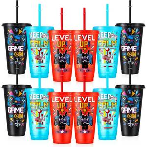 lot 6206 image: XLSXEXCL 12 Pcs Gamer Party Cups with Lids and Straws Video Game Tumbler 24 oz Plastic Drinking Cups for Gaming Party Favors