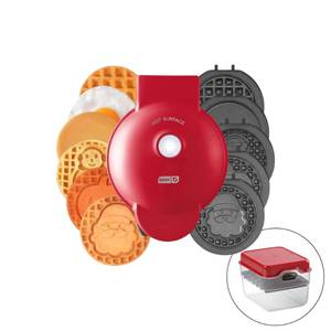 lot 6208 image: DASH Multimaker with 7 Removable Plates Waffle Iron and Griddle  3 Themed Plates - Santa Pumpkin Snowman - Mini Waffle for Halloween and Christmas Holidays - for Kids and Families (Red)