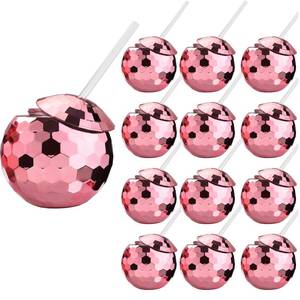 lot 6209 image: ALINK Disco Ball Cups with Straws, 20 OZ Rose Gold Sparkly Disco Party Tumbler for Bachelorette Party, Bride Shower, 1970s, Birthday Party Decorations, Pack of 12