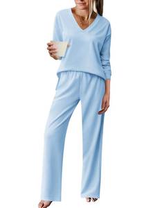 lot 6218 image: Ekouaer Pajama for Womens Set Ploar Fleece Long Sleeve Lounge Sets Fall Pjs V Neck Comfy Sleepwear with Pockets Light Blue Medium