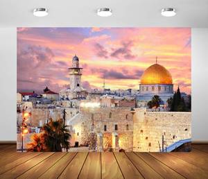 lot 6222 image: BELECO 5x3ft Fabric Jerusalem Old City at Sunset Backdrop Israel Cityscape, Western Wall, Temple Mount, Dome of The Rock, Religious Building Bethlehem Background Backdrop Home Decor Photo Props