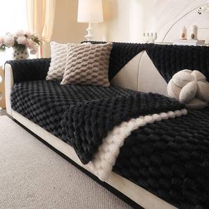lot 6232 image: Aucrovee Soft Plush Faux Fur Couch Cover, Fluffy Non Slip Sectional Sofa Covers for 3 Cushion Couch, Furniture Protector Sofa Slipcover(1 PCS 36x63in Black)in