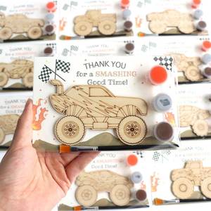 lot 6263 image: BOIKOKY 4-Pack Pre-Packaged Monster Truck Party Favors for Kids, Wooden Truck Cutouts with Magnets and Painting Kits, Boysft 4th Birthday Decorations and Thank You Gifts for Guests