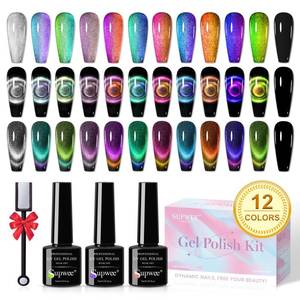 lot 6442 image: SUPWEE Cat Eye Gel Nail Polish Set - 12 Colors 9D Magnetic Nail Polish Gel Galaxy Cateye Nail Gels Polishes with 1 Black Gels and Magnetic Lamp Cure Required Home Manicure DIY Nail Art
